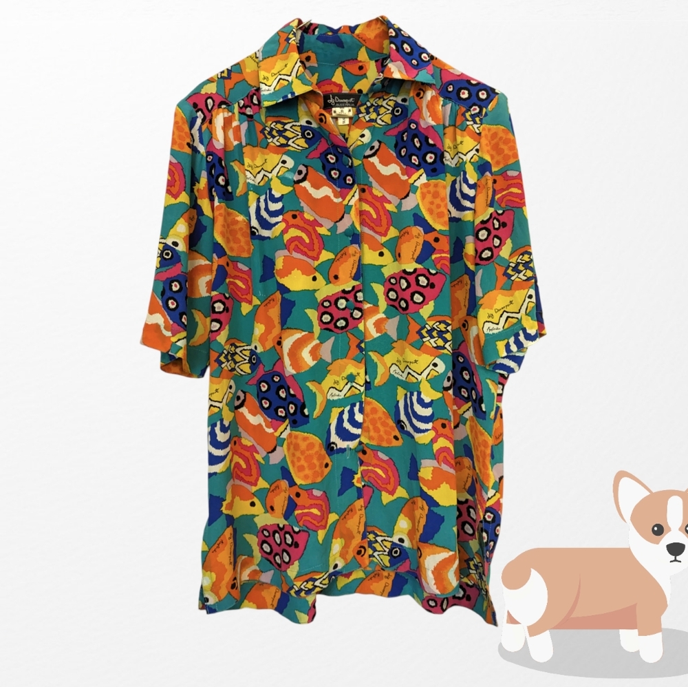 Liz Davenport Australia Tropical Colorful Fun Silk fish button up resort shirt